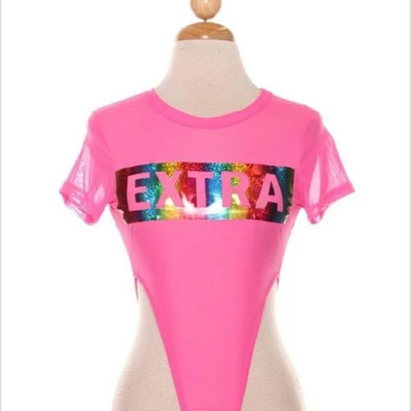 High Cut Short Sleeve Neon Pink Mesh Bodysuit - Picture 4 of 6